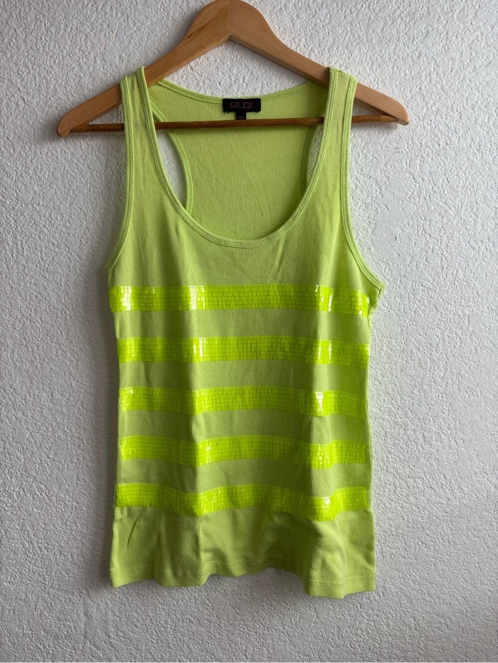 Y2K GLO jeans Neon Lime Sequin Stripe Tank Top XL
